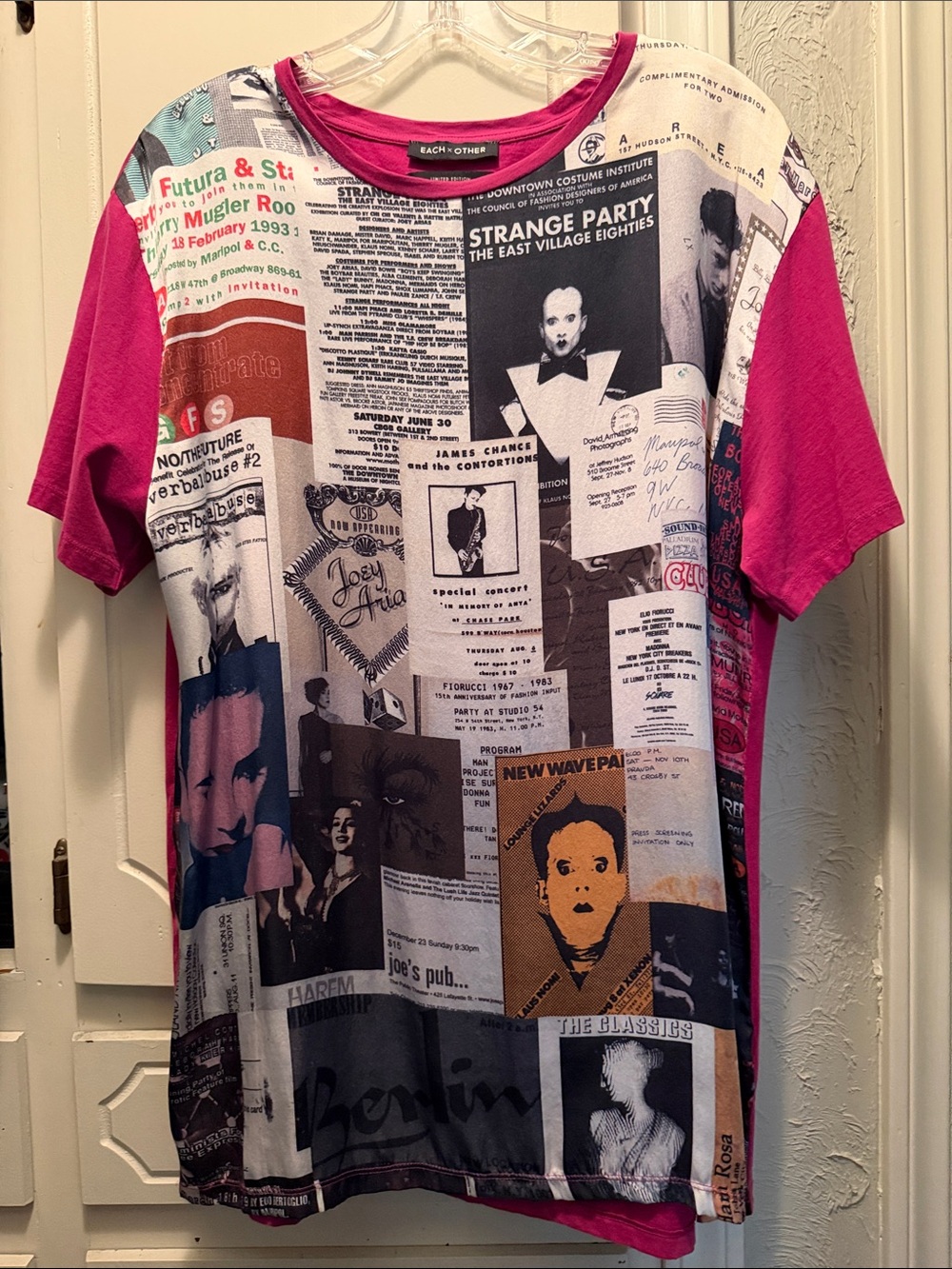 Each x Other Pink Silk Short Sleeve Tee with NYC club scene happenings.